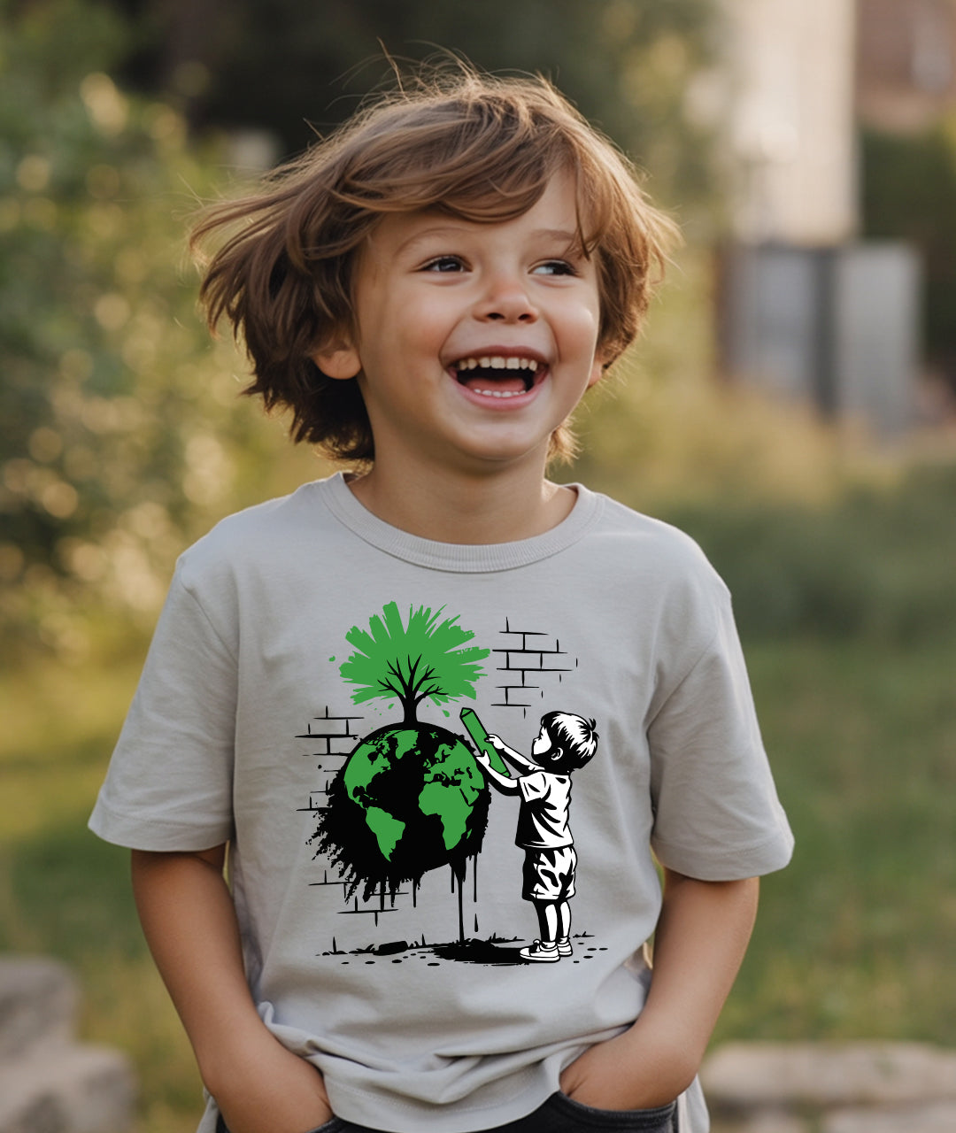 Boy Drawing Tree on Earth – Eco Art Toddler Tee