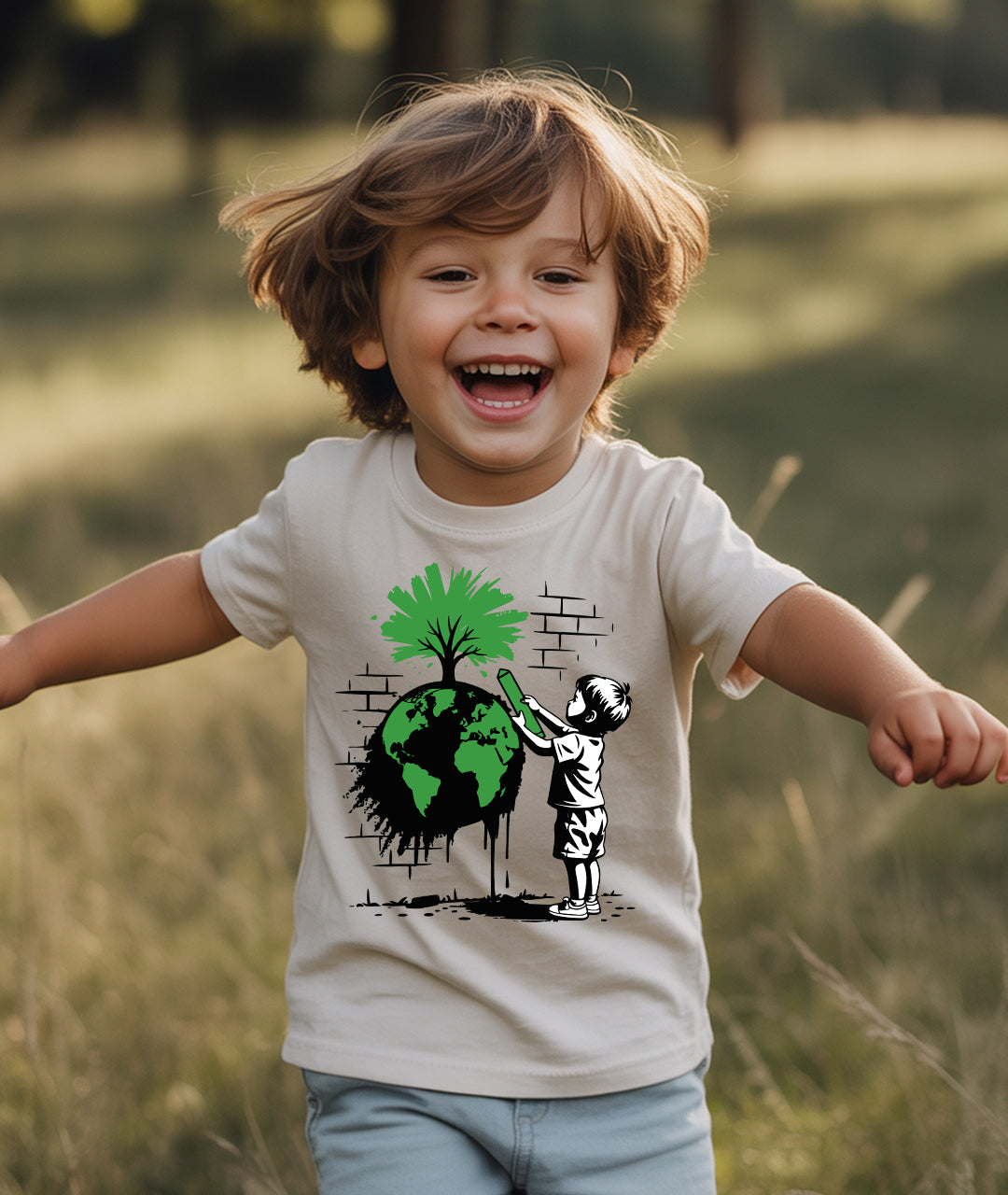 Boy Drawing Tree on Earth – Eco Art Toddler Tee