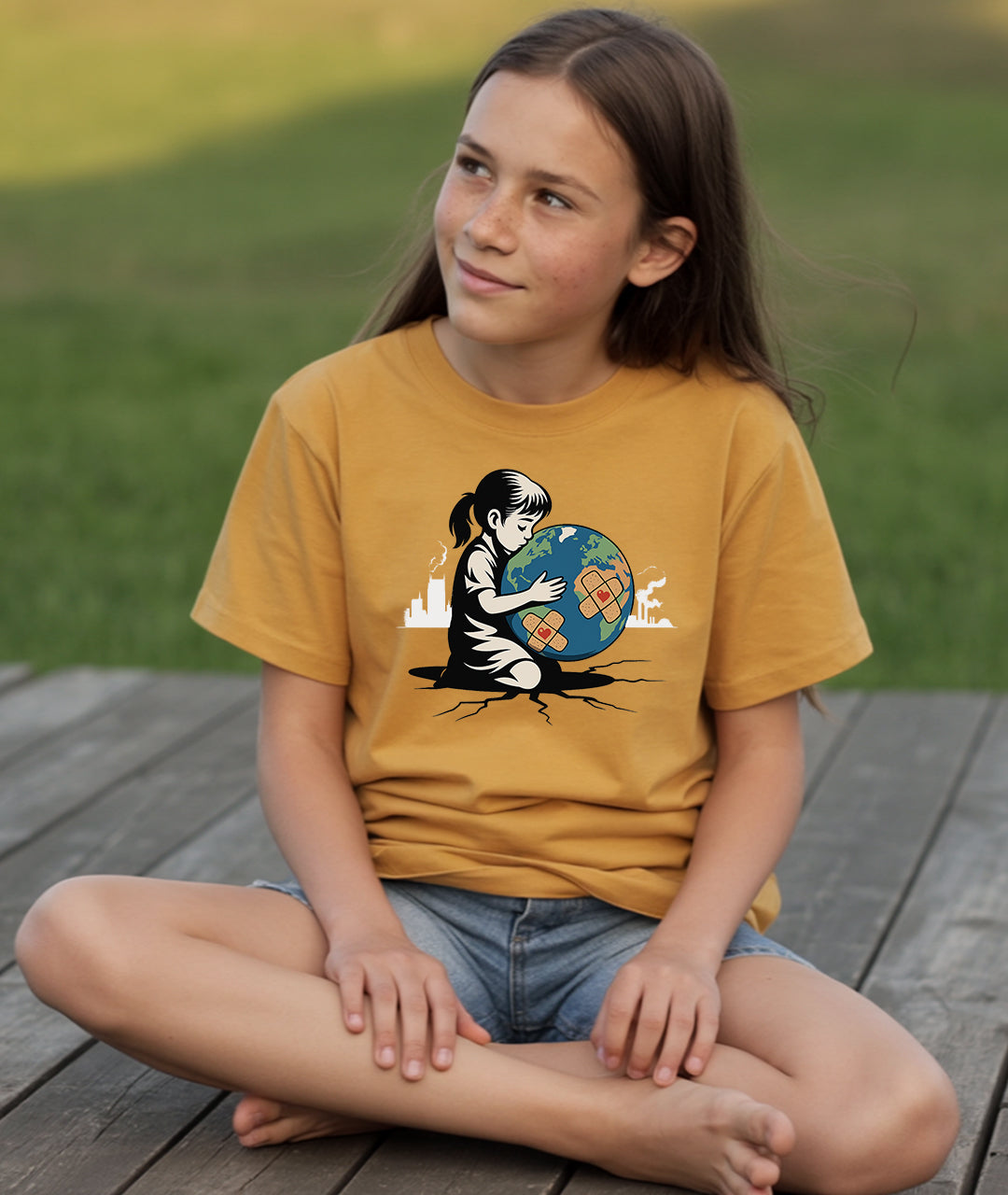Girl Hugging Earth – Eco Art Youth Short Sleeve T-Shirt