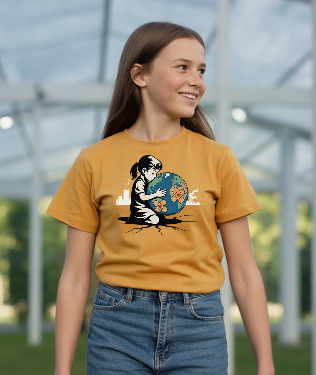 Girl Hugging Earth – Eco Art Youth Short Sleeve T-Shirt