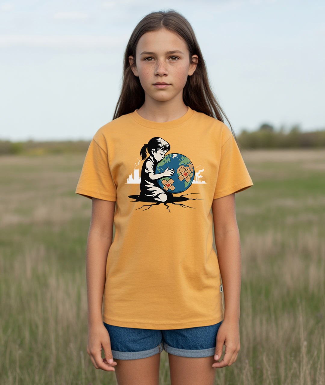 Girl Hugging Earth – Eco Art Youth Short Sleeve T-Shirt