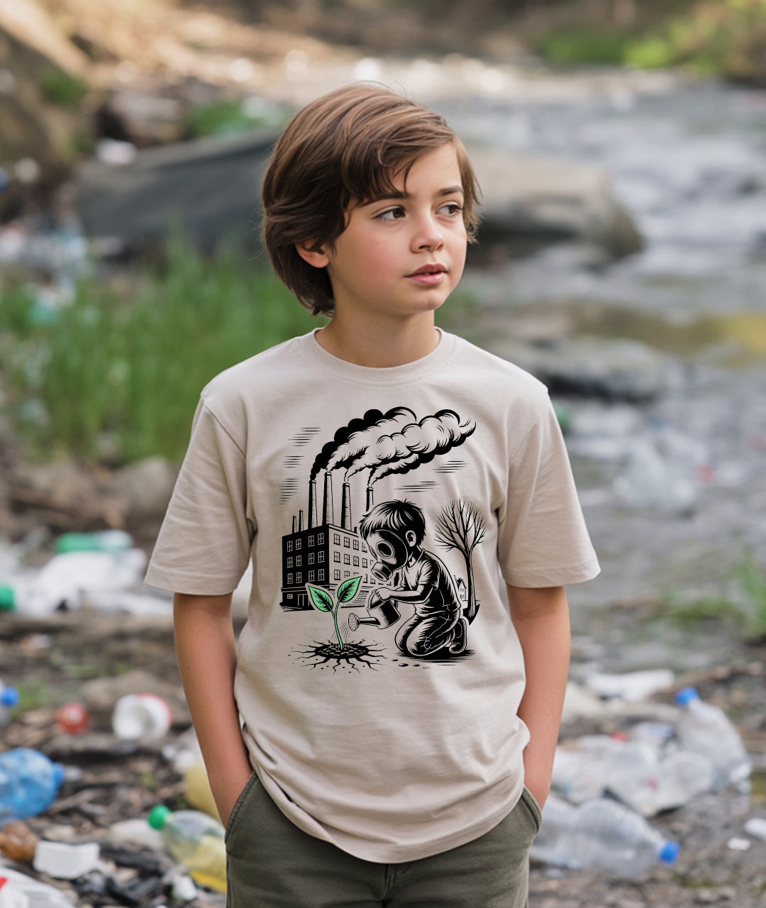 Gas Mask Boy – Eco Street Art Youth T-Shirt