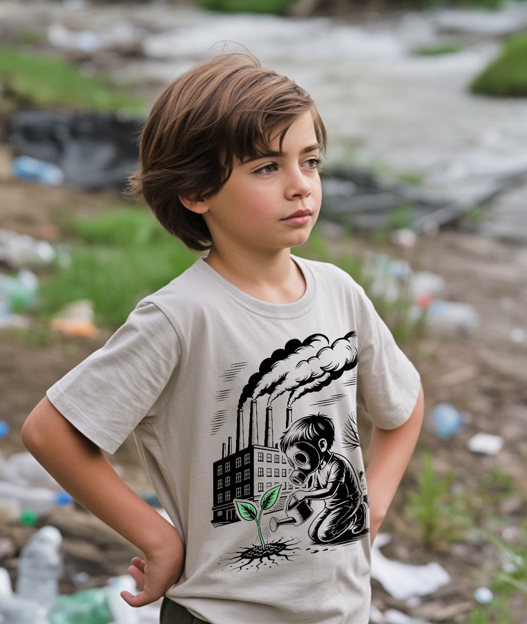Gas Mask Boy – Eco Street Art Youth T-Shirt