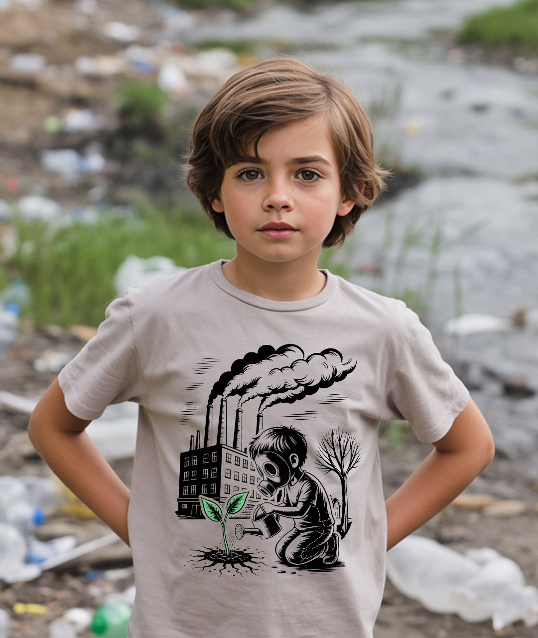 Gas Mask Boy – Eco Street Art Youth T-Shirt
