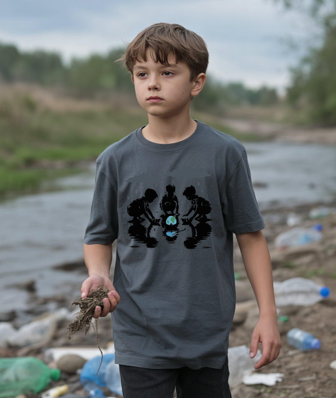 Kids with Earth Boat – Eco Art Youth T-Shirt
