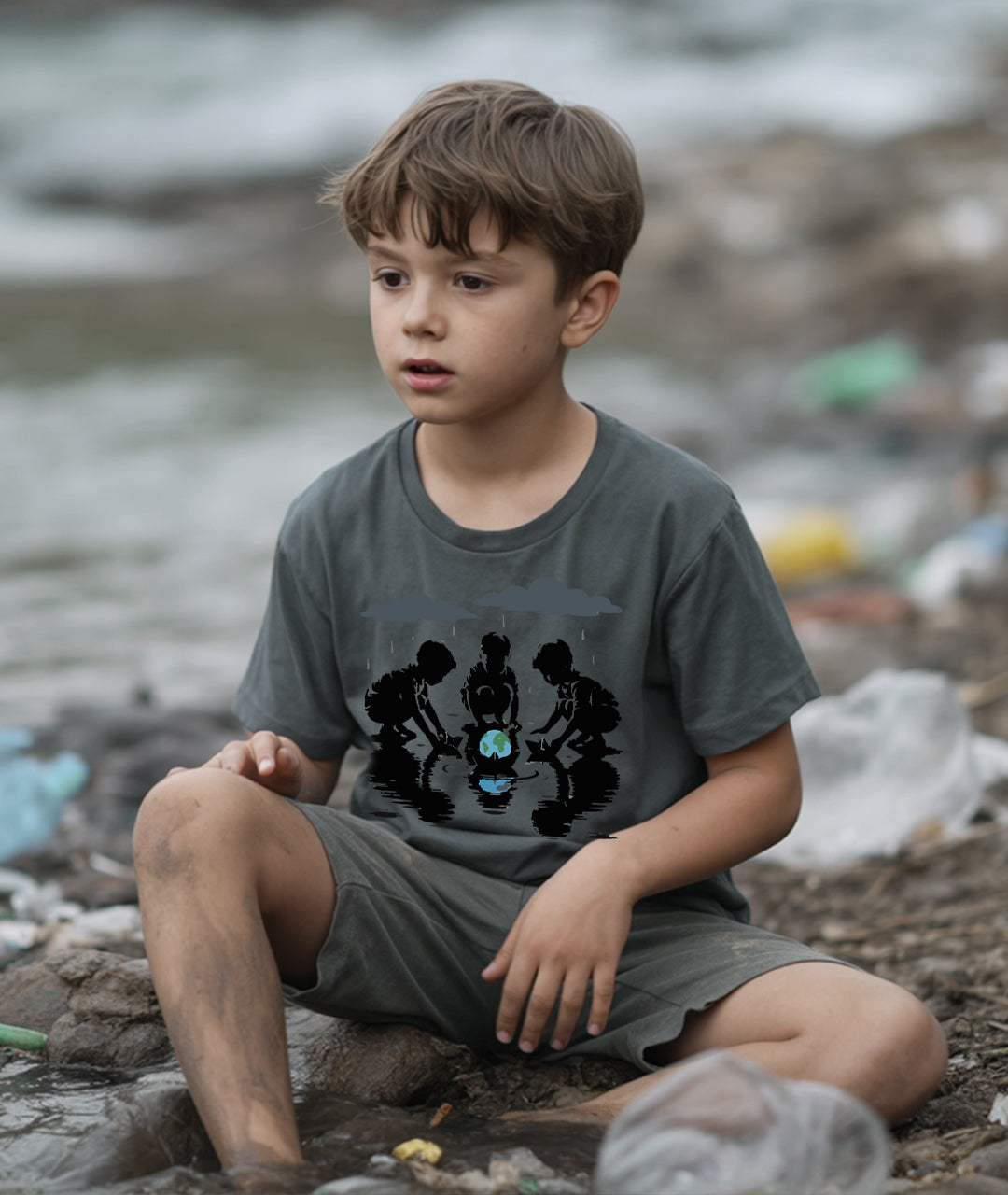 Kids with Earth Boat – Eco Art Youth T-Shirt