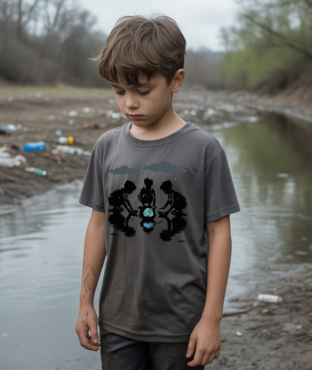Kids with Earth Boat – Eco Art Youth T-Shirt