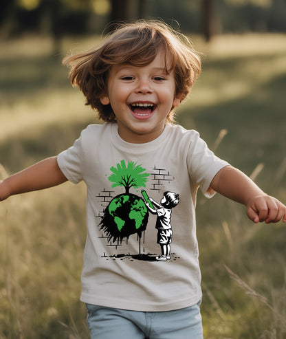 Boy Drawing Tree on Earth – Eco Art Toddler Tee