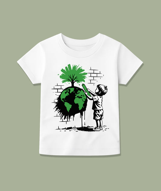 Boy Drawing Tree on Earth – Eco Art Toddler Tee