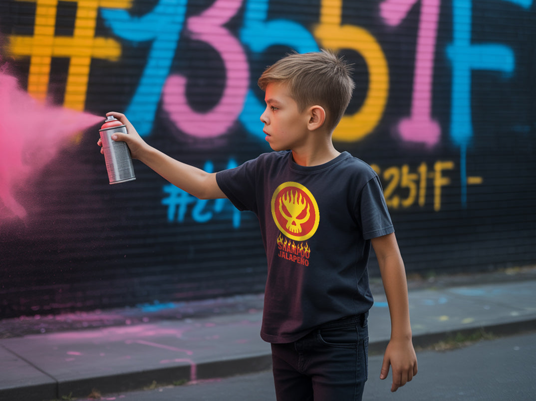 Boy spraying pink spray